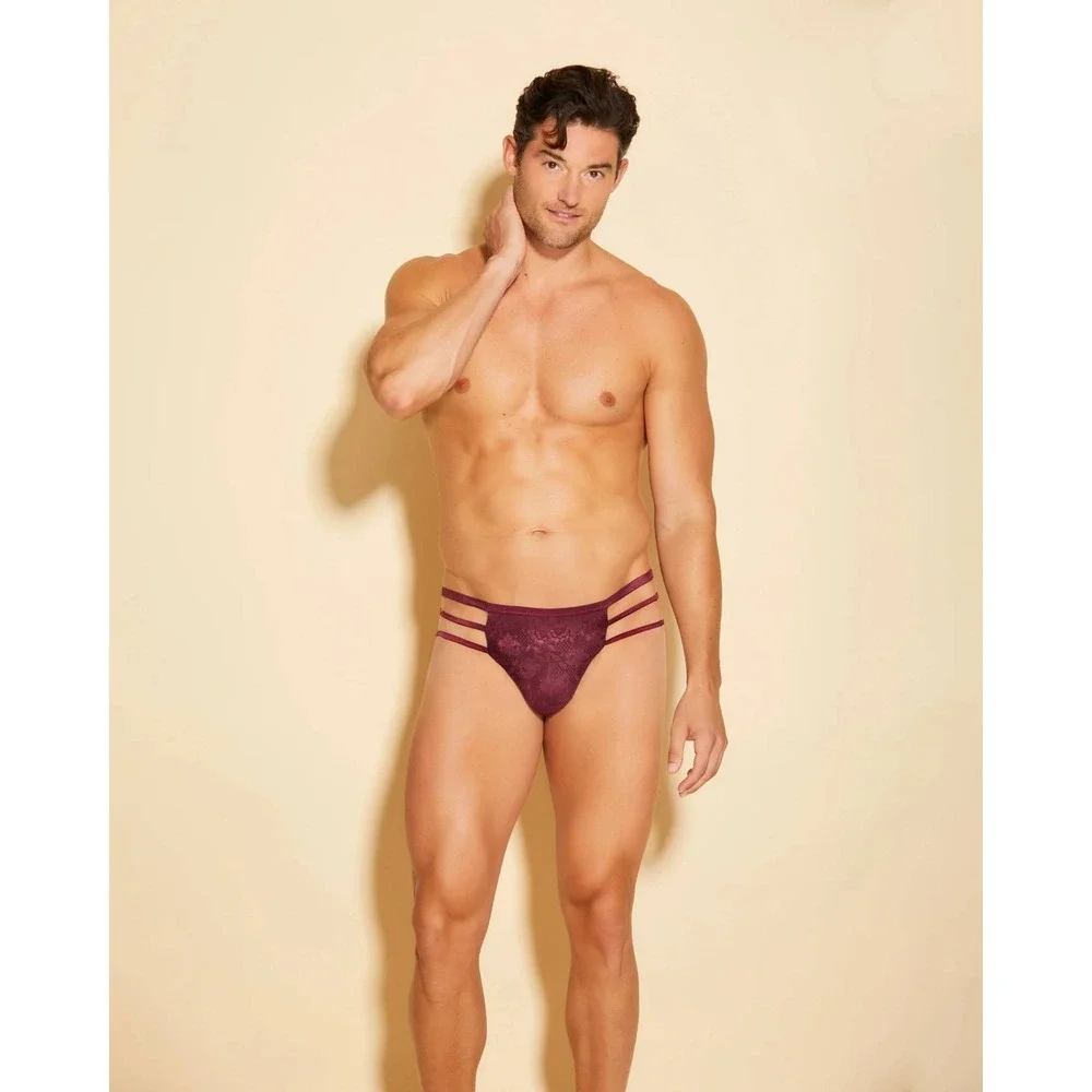 Cosabella Mens Bordeaux Floral Lace Triple Strap Adjustable Thong Underwear Vino